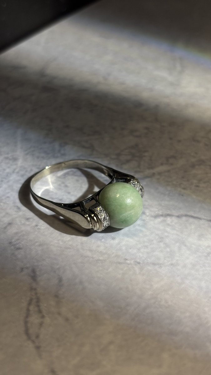 Art Deco Ring In White Gold, Jade And Diamonds-photo-4