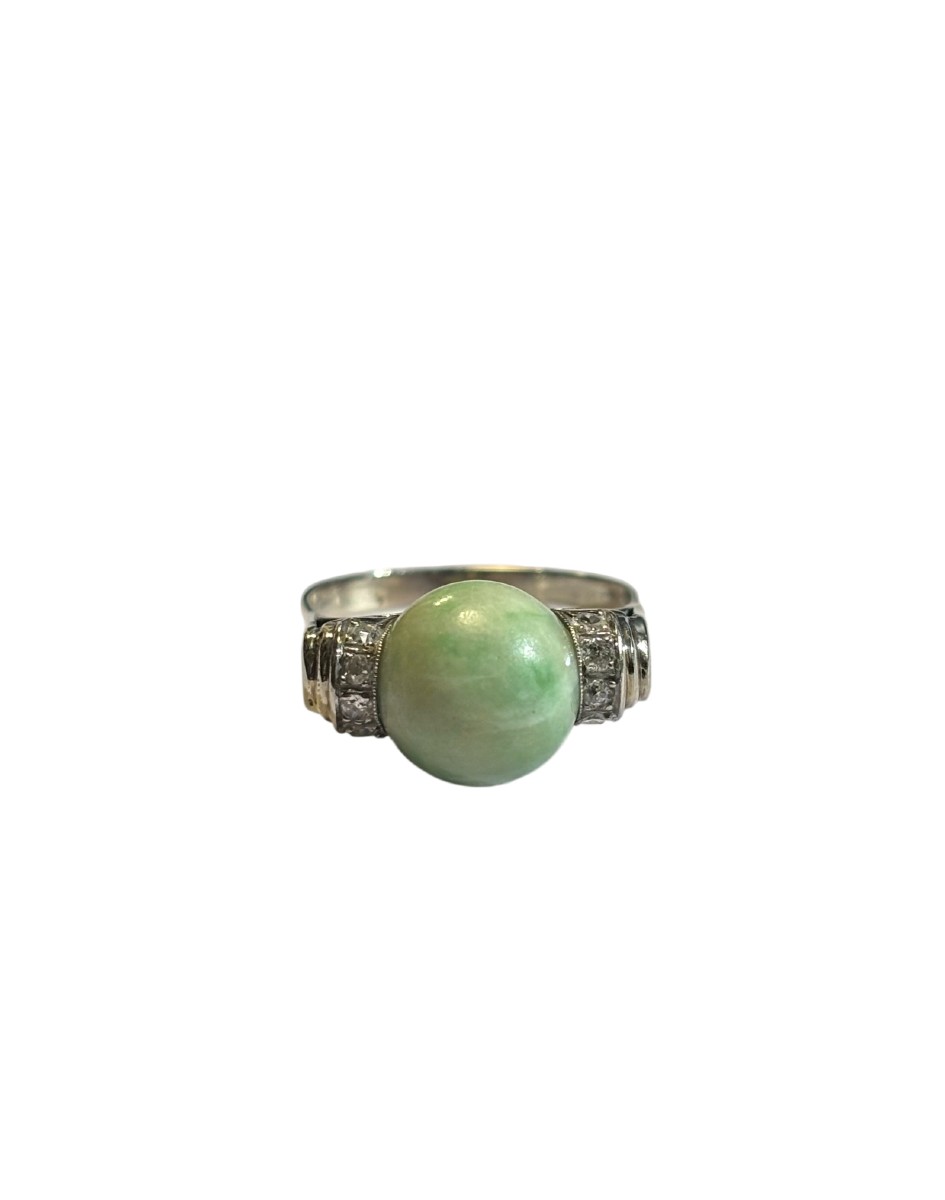 Art Deco Ring In White Gold, Jade And Diamonds