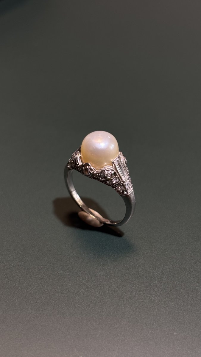 Bague Art Déco en platine, diamants et perle fine-photo-2