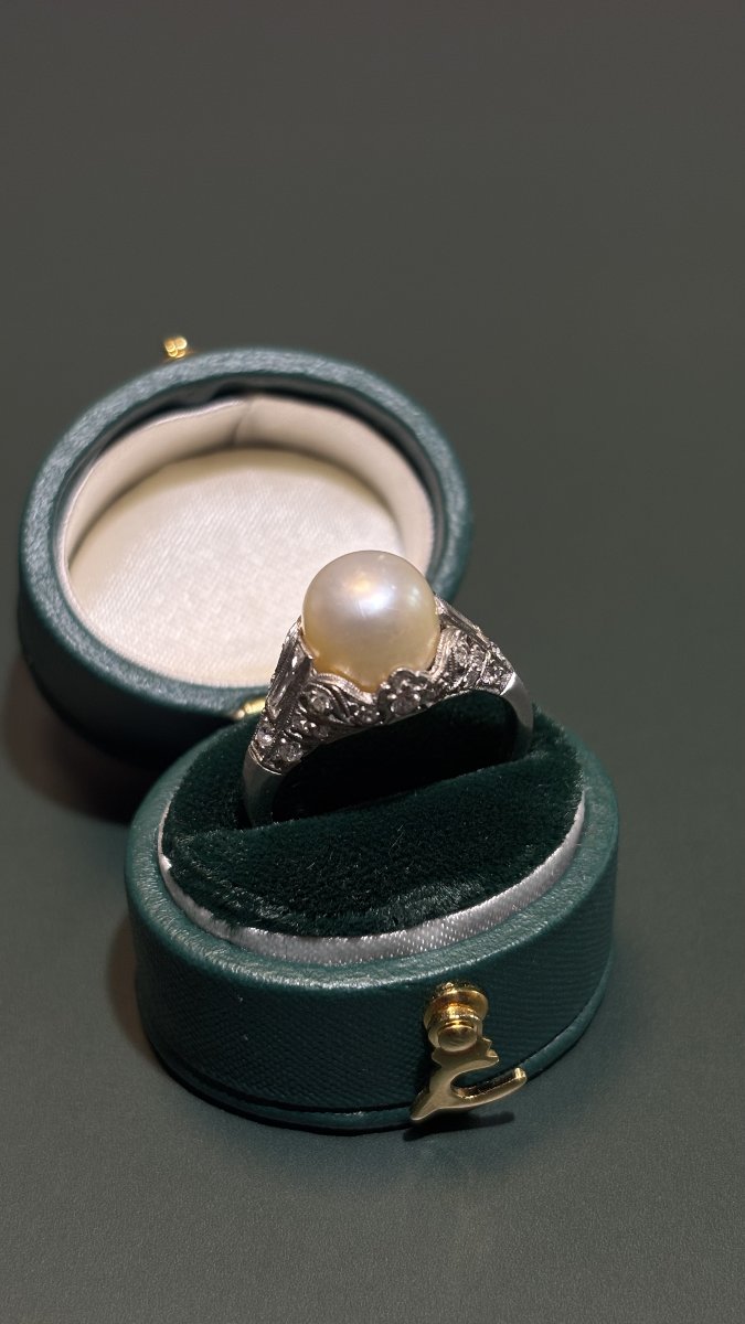 Bague Art Déco en platine, diamants et perle fine-photo-3