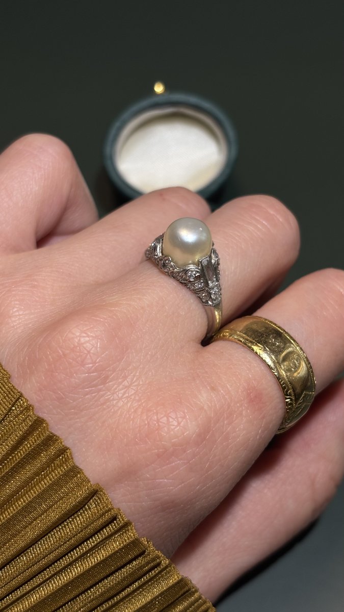 Bague Art Déco en platine, diamants et perle fine-photo-4