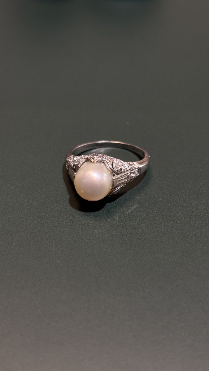 Bague Art Déco en platine, diamants et perle fine-photo-1