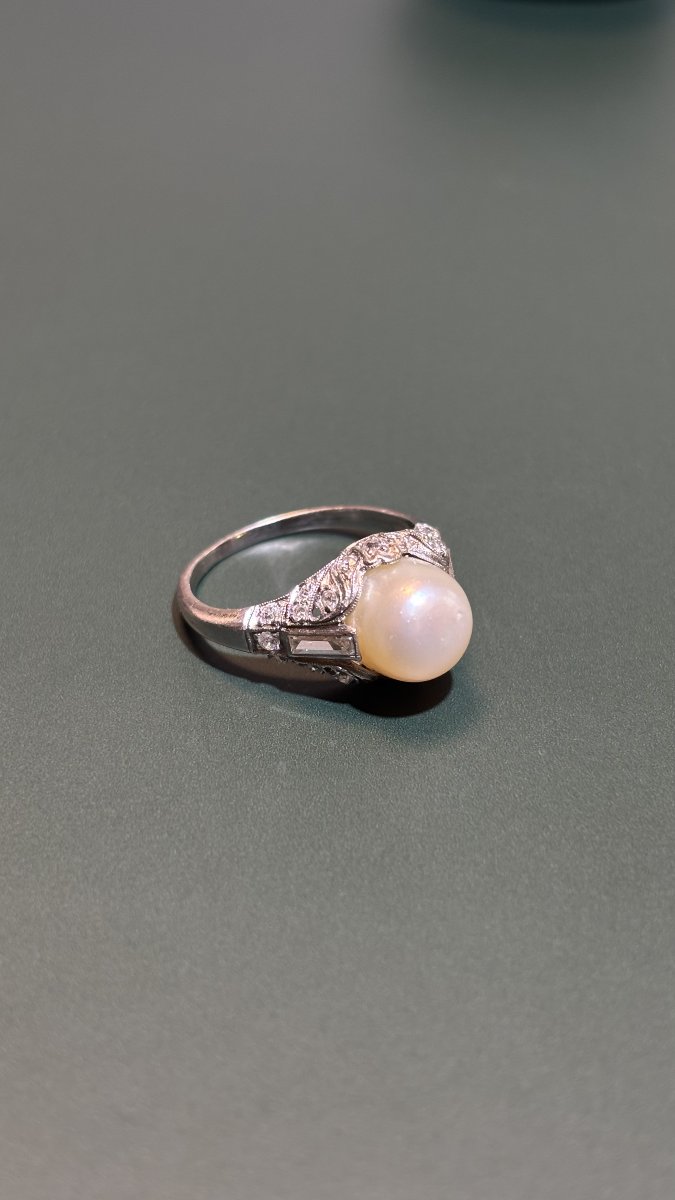 Bague Art Déco en platine, diamants et perle fine-photo-3