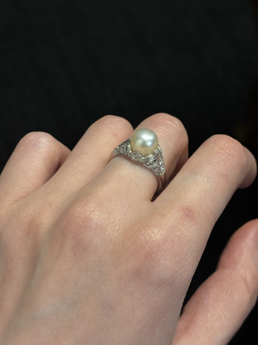 Bague Art Déco en platine, diamants et perle fine-photo-4