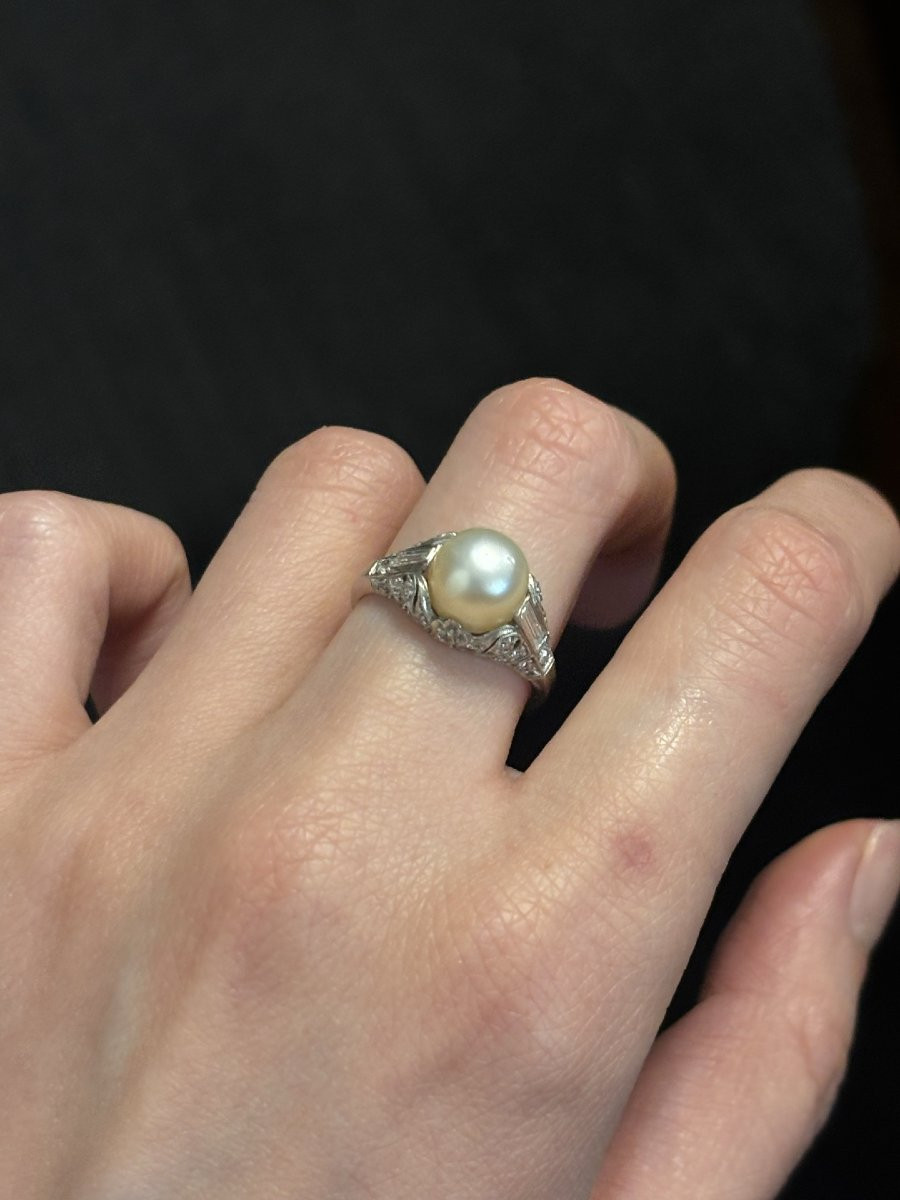 Bague Art Déco en platine, diamants et perle fine-photo-5