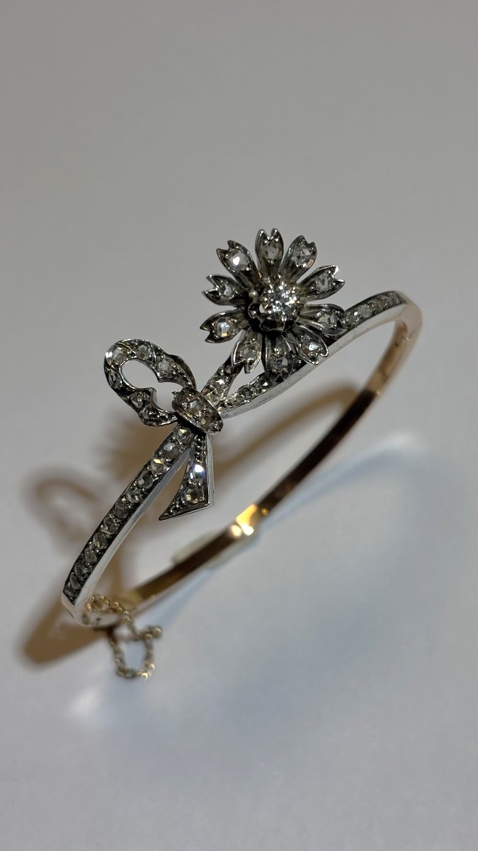 Flower Bracelet In 18k Gold, Silver And Diamonds, 19th Century-photo-2