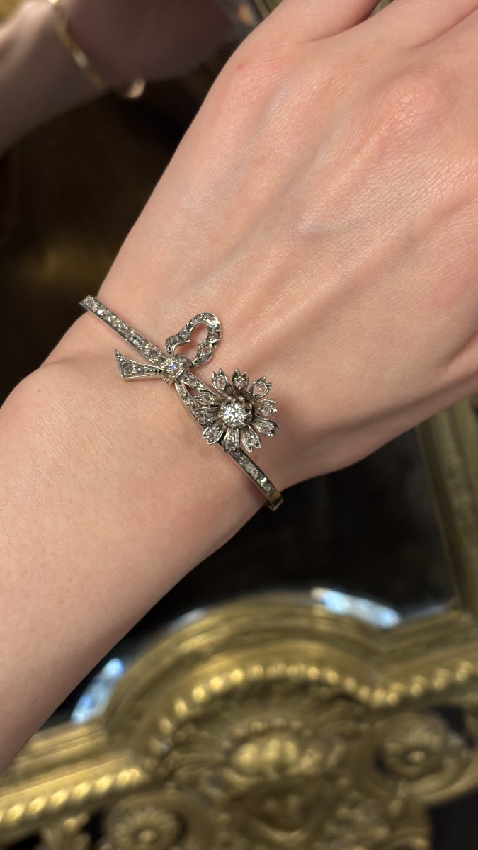 Flower Bracelet In 18k Gold, Silver And Diamonds, 19th Century-photo-3