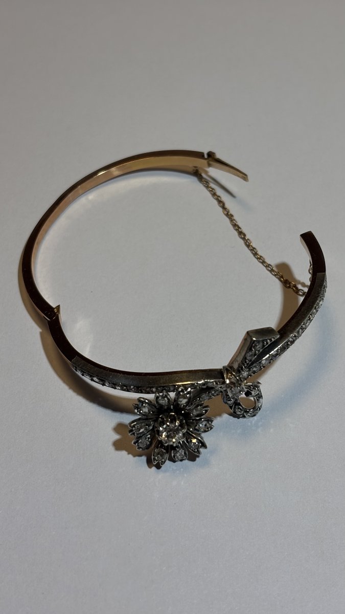 Flower Bracelet In 18k Gold, Silver And Diamonds, 19th Century-photo-1