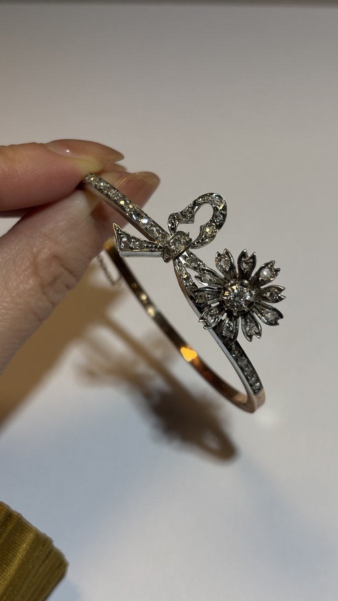 Flower Bracelet In 18k Gold, Silver And Diamonds, 19th Century-photo-2