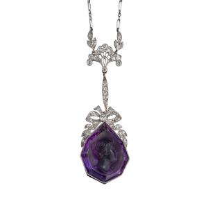Collier En Platine, Diamants Et Camée d'Améthyste, Année 1910