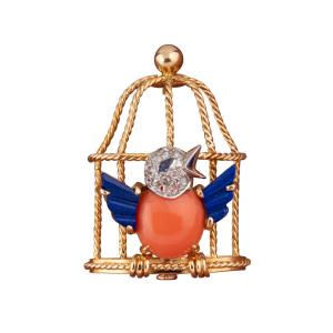 Broche Oiseau Libéré, or jaune, corail, lapis lazuli, saphir et diamants