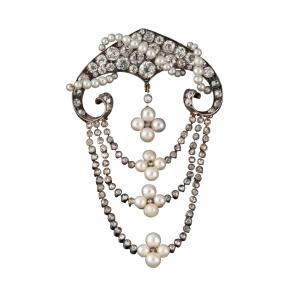 Broche de corsage en or, diamants et perles fines, fin du XIXe siècle