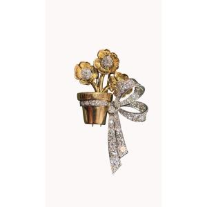 18k Gold, Platinum And Diamond Bouquet Clip Brooch, Circa 1940