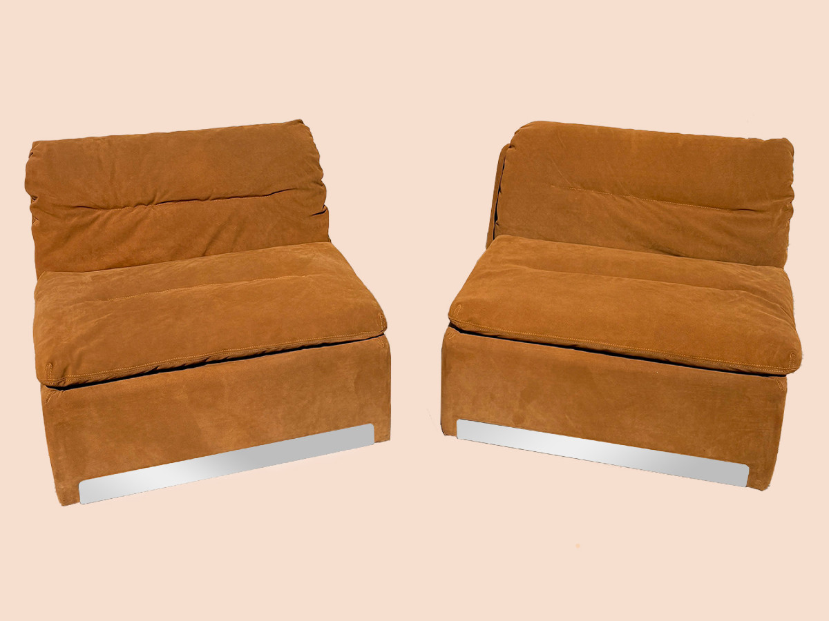 Pair Of Caramel Suede Armchairs Saporiti Edition Model Proposal, Circa 1970