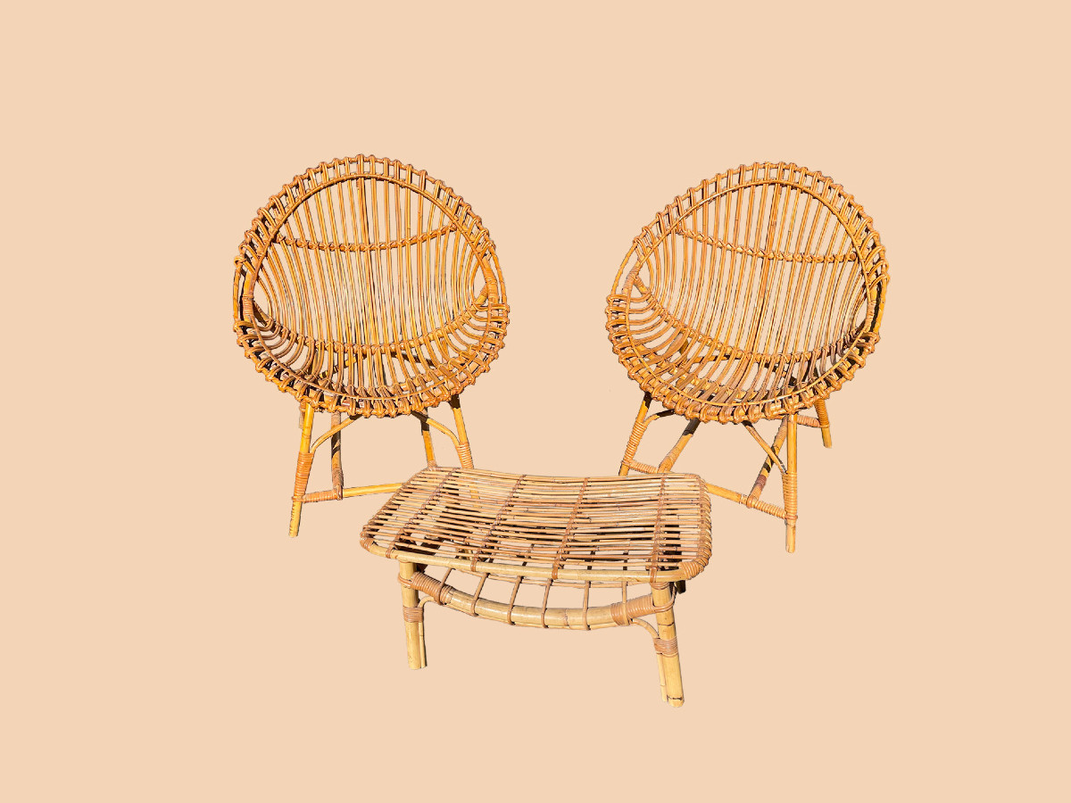 Paire De Fauteuils Et Tabouret En Rotin, édition Bonacina, Circa 1960