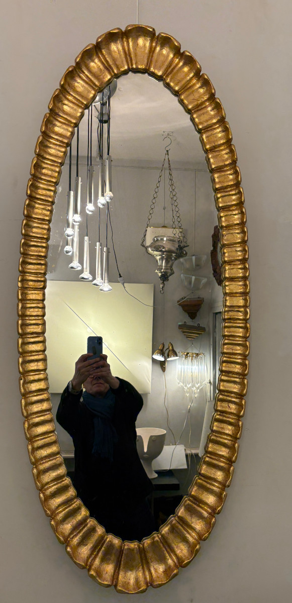 Oval Gilded Wood Mirror, Circa 1930-photo-2