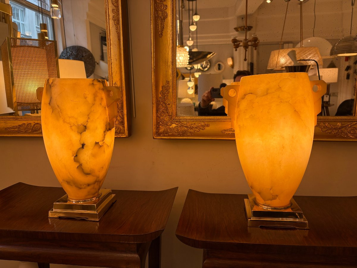 Paire de lampes en albâtre et en laiton doré -photo-4