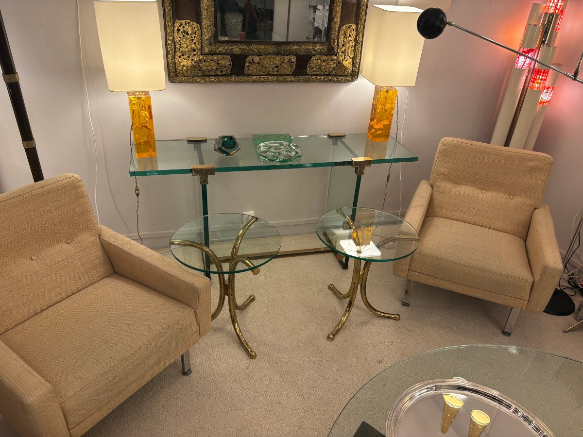 Pair Of Brass And Glass Side Tables-photo-3
