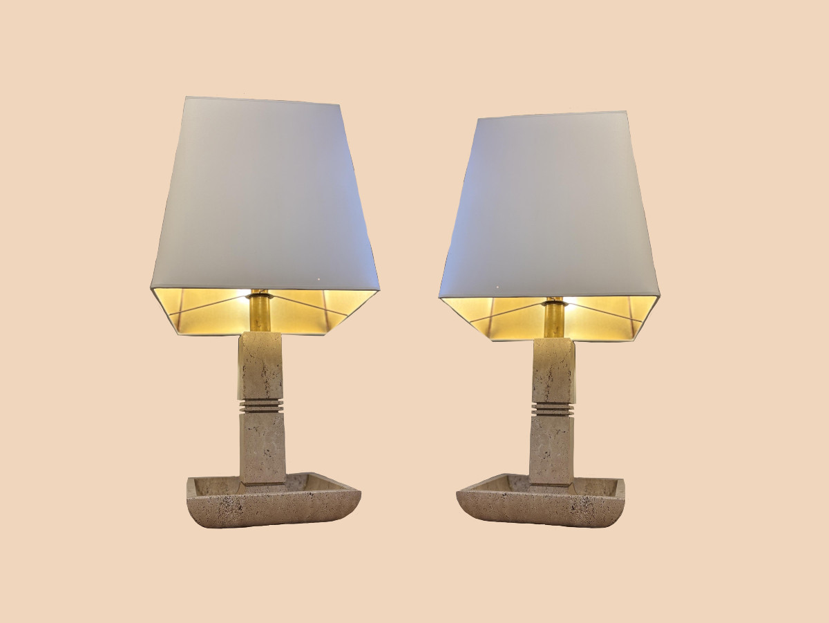 Pair Of Travertine Lamps Design Cerri Nestore-photo-1