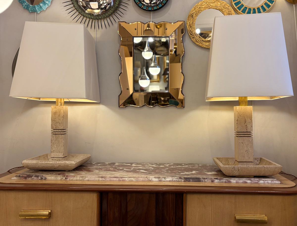 Pair Of Travertine Lamps Design Cerri Nestore
