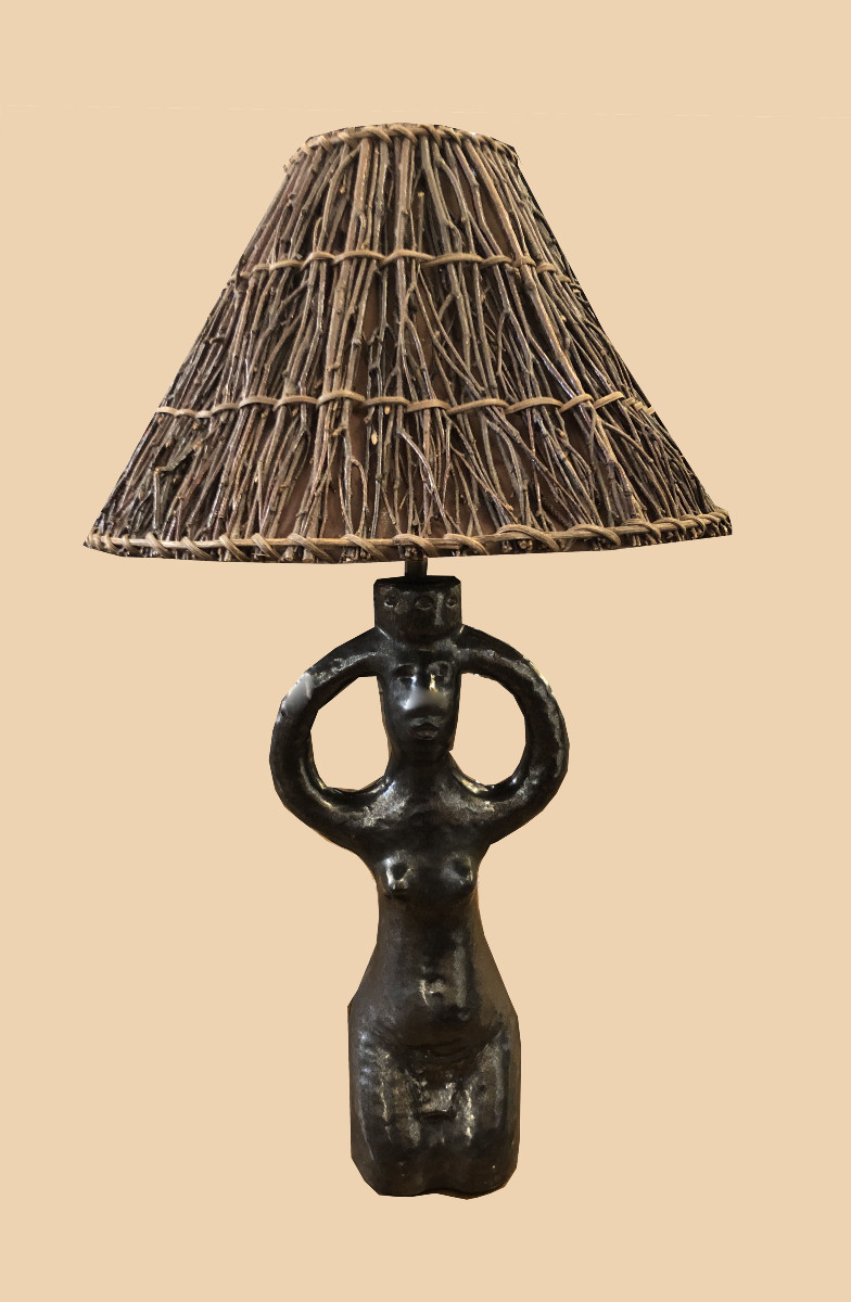 Ceramic Lamp With Tin-glazed Finish And Wooden Lampshade, Signed Ah