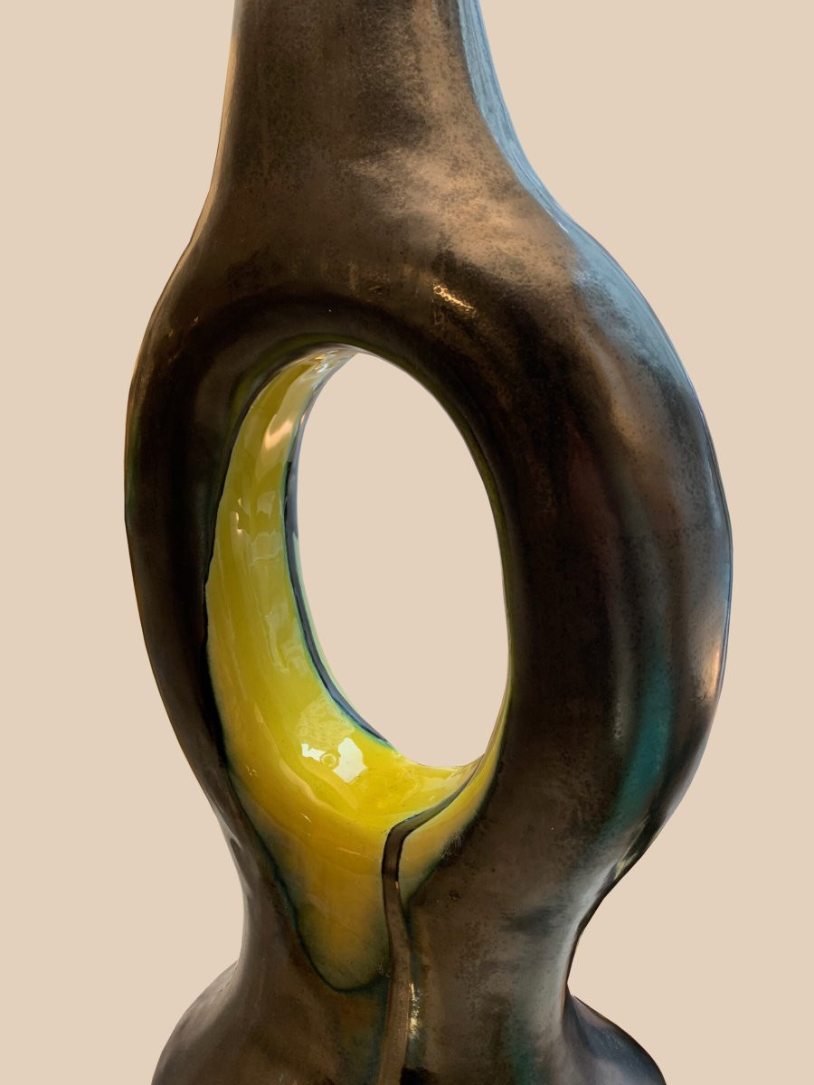 Lampe « Anneau » céramique émaillée noire et jaune, signée DG-photo-2