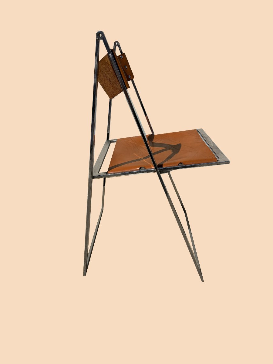 Suite de 6 chaises pliantes en métal chromé et cuir, circa 1970-photo-2