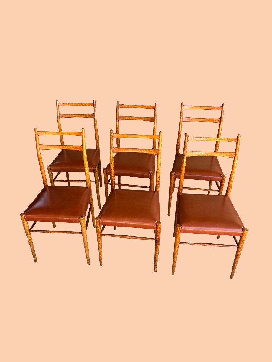 Suite de 6 chaises en chêne et cuir ambré