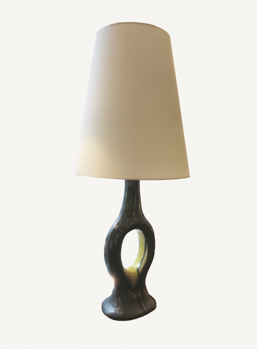 Ring" Lamp Black And Yellow Glazed Ceramic Lamp Circa 1950 Monogram Under The Base