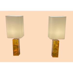 Paire de lampes en résine fractale ambrée, Marie-Claude de Fouquières, circa 1970