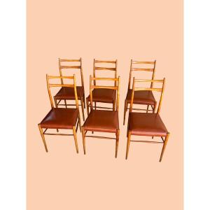Suite de 6 chaises en chêne et cuir ambré