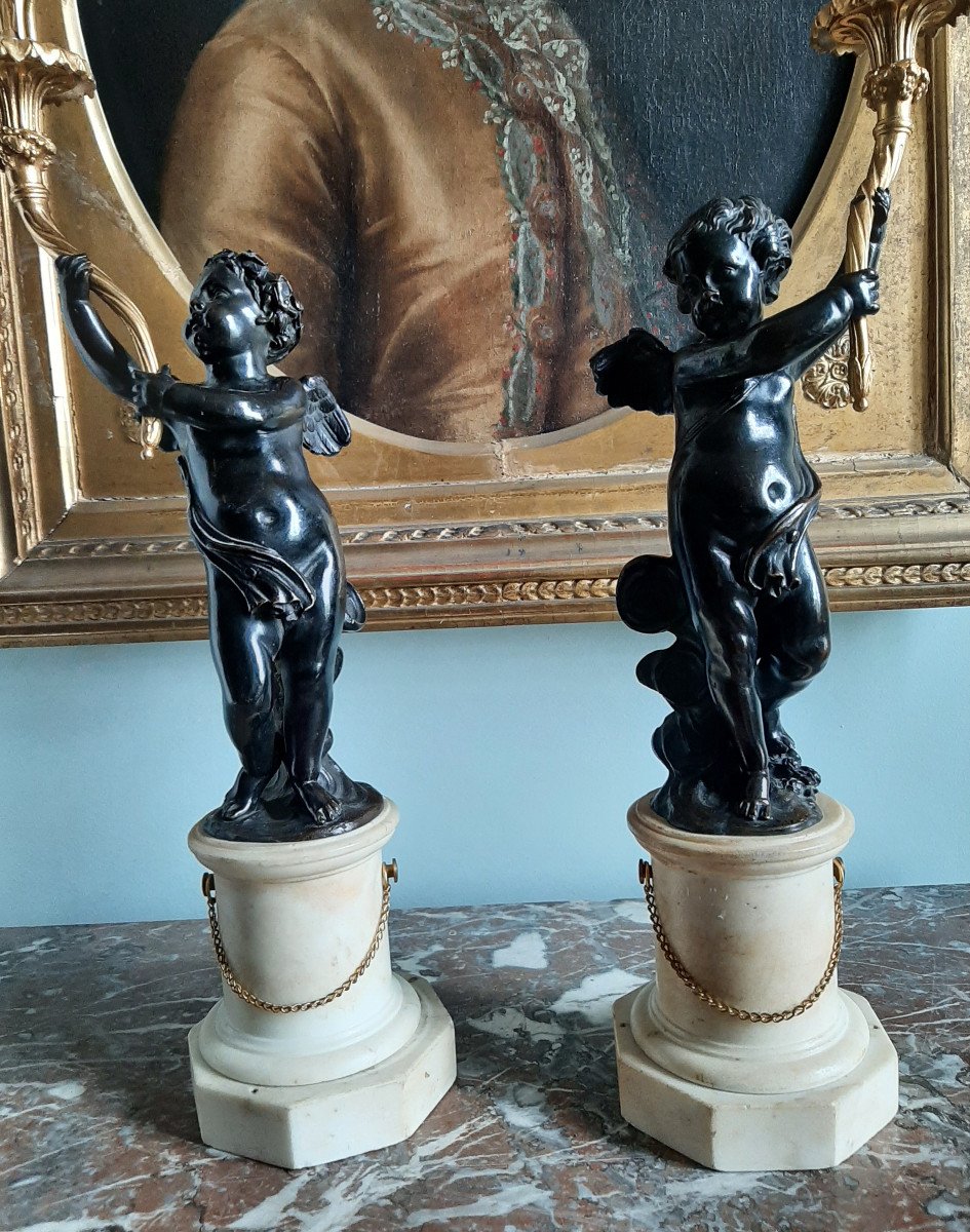 Paire de candélabres en bronze doré et patiné à décor de Putti . époque XIX Eme -photo-5