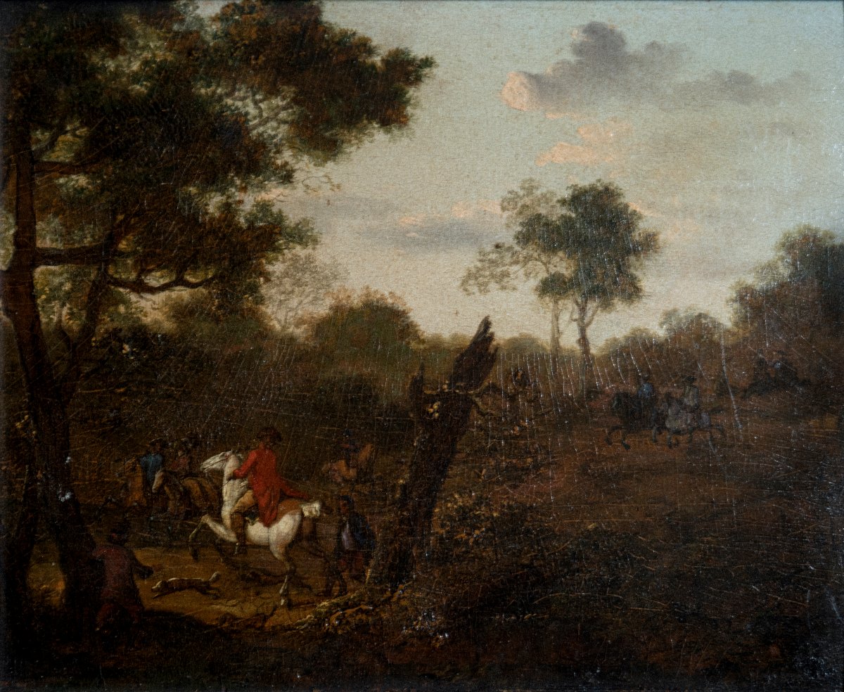 Tableau Flamand - École Flamande, Wouwerman - XVIIe siècle (Scène de chasse / Paysage)-photo-2