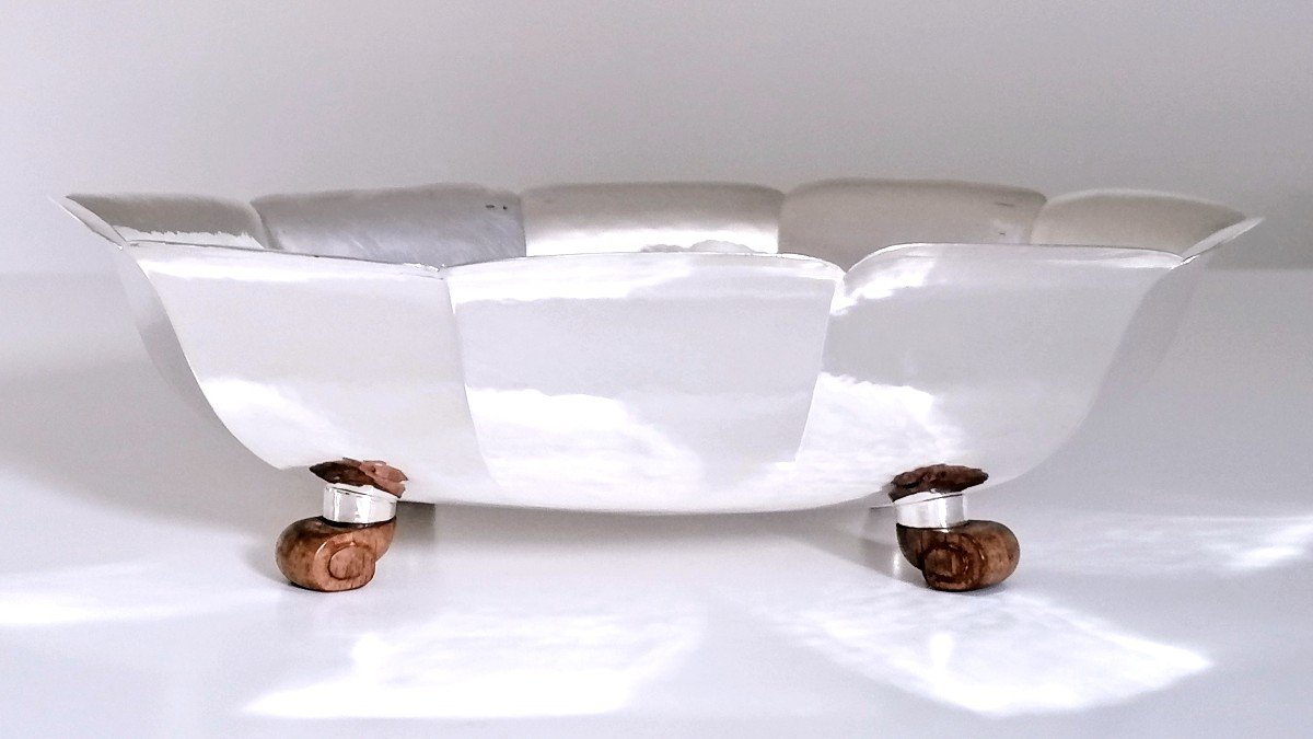Bowl,  Centerpiece Art Deco In Hammered Solid Silver-photo-2