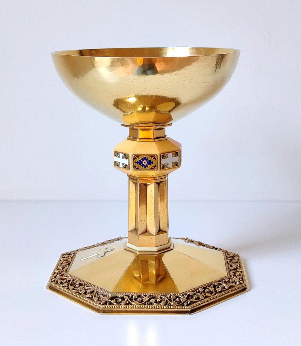 Art Deco Chalice In Solid Silver Vermeil With Ivory And Enamel Henri Holemans -photo-3