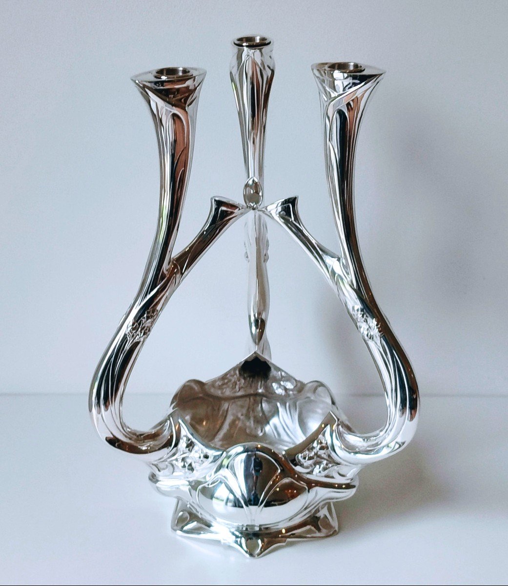 Candle Holder, Art Nouveau Centerpiece In Solid Silver Philippe Wolfers -photo-2