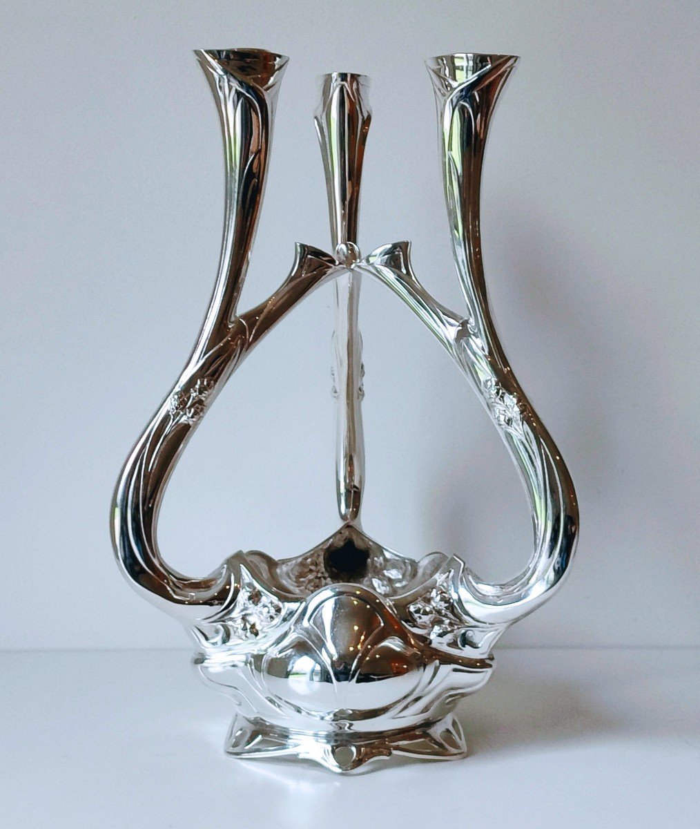 Candle Holder, Art Nouveau Centerpiece In Solid Silver Philippe Wolfers -photo-3