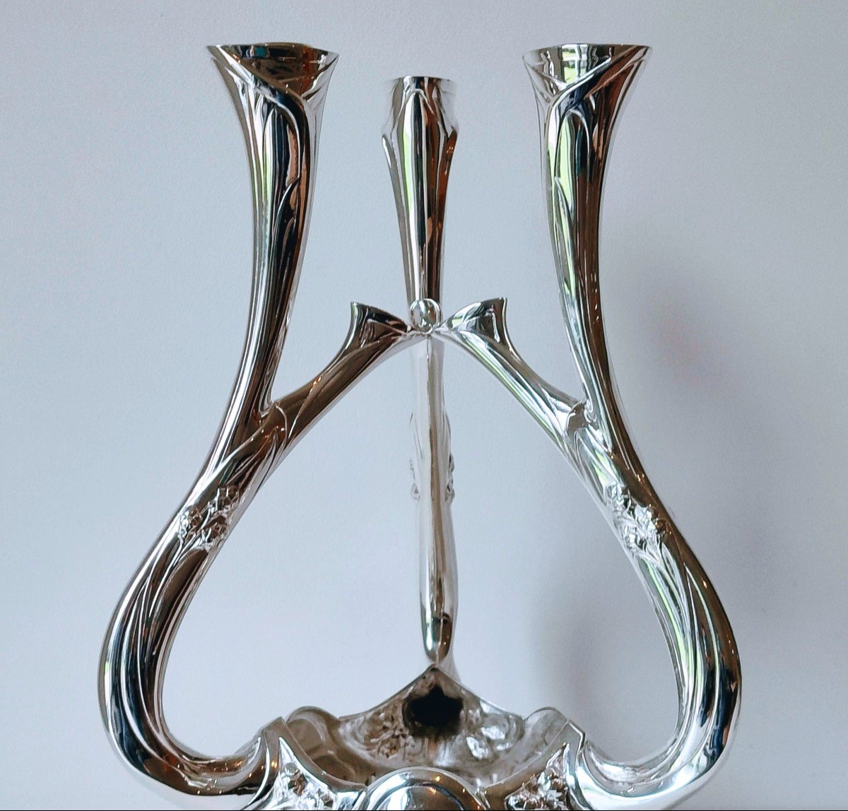 Candle Holder, Art Nouveau Centerpiece In Solid Silver Philippe Wolfers -photo-4