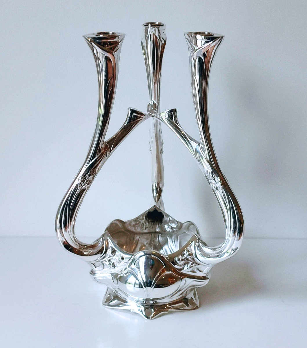 Candle Holder, Art Nouveau Centerpiece In Solid Silver Philippe Wolfers 