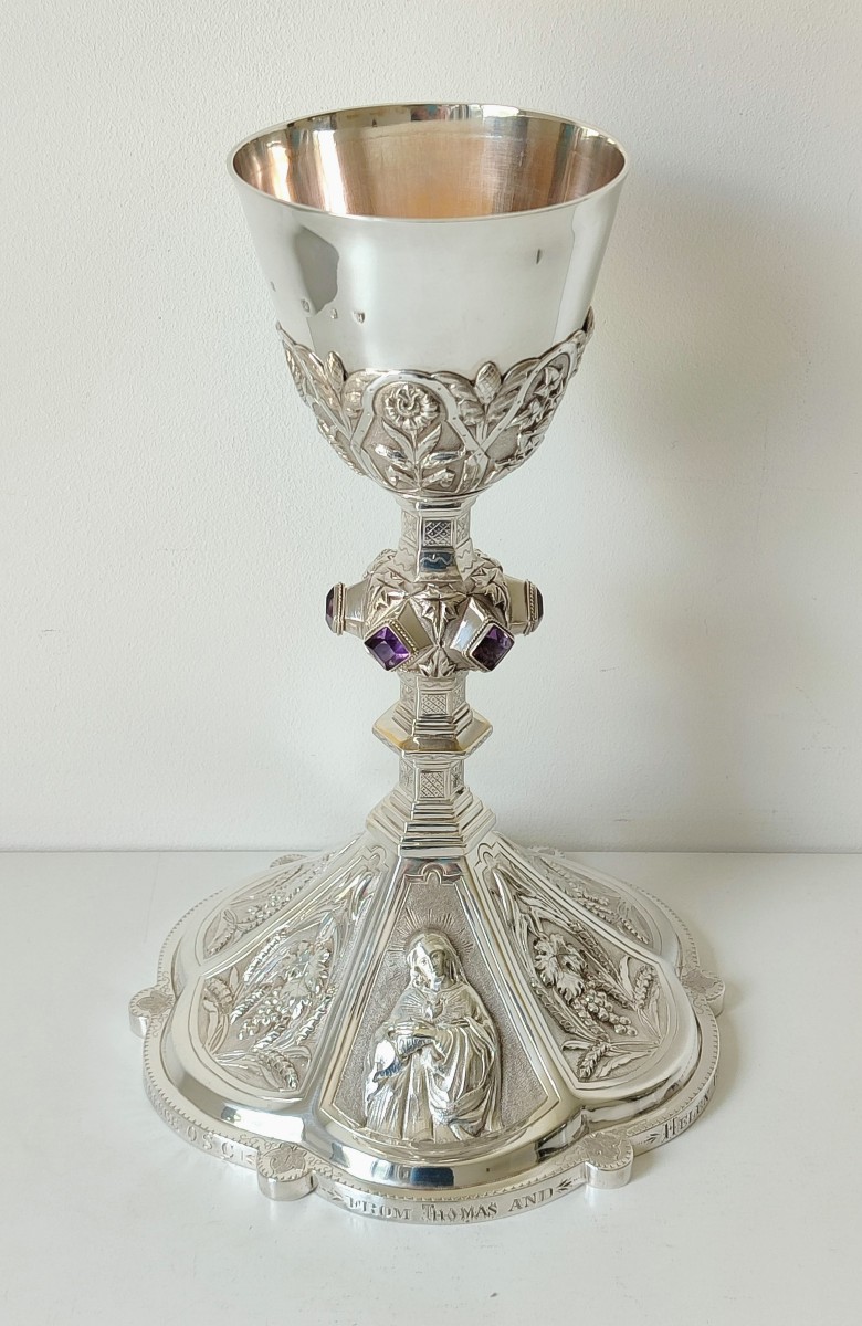 Solid Silver Chalice Inlaid With Six Amethist Stones Dublin 1878-photo-3