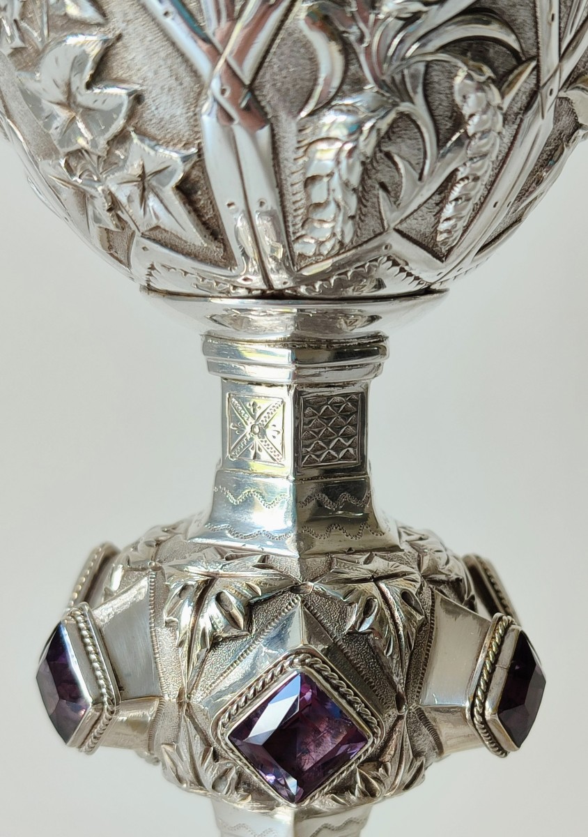 Solid Silver Chalice Inlaid With Six Amethist Stones Dublin 1878-photo-4