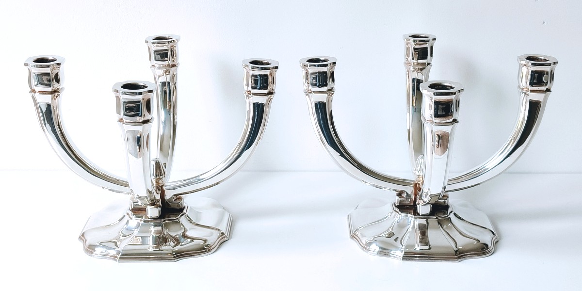 Une paire de candélabres art deco en argent massif Delheid -photo-2