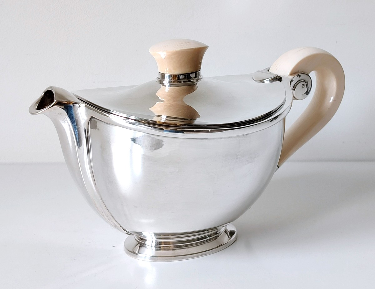 Art Deco Teapot In Solid Silver And Ivory Wolfers Model Méda-photo-2