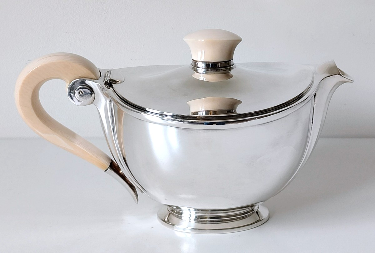 Art Deco Teapot In Solid Silver And Ivory Wolfers Model Méda-photo-3