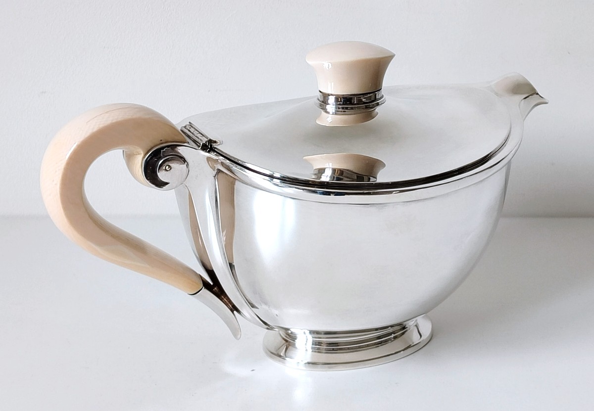 Art Deco Teapot In Solid Silver And Ivory Wolfers Model Méda-photo-4