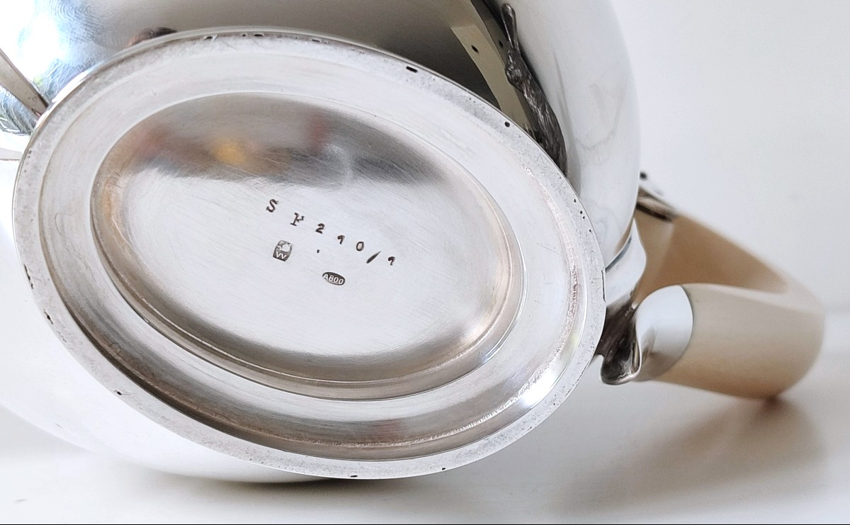Art Deco Teapot In Solid Silver And Ivory Wolfers Model Méda-photo-3