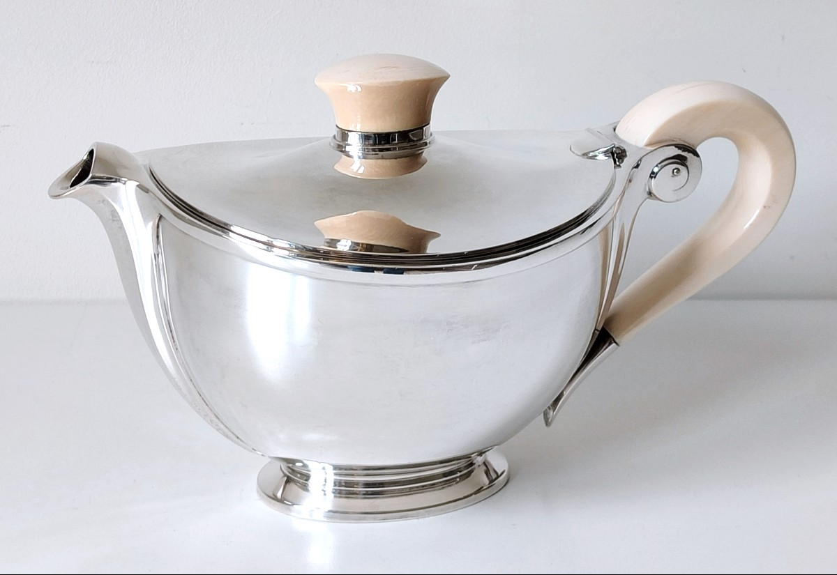 Art Deco Teapot In Solid Silver And Ivory Wolfers Model Méda