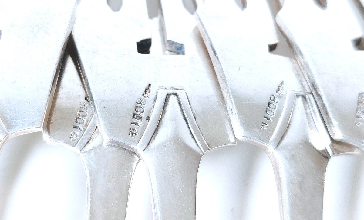 Neuf fourchettes et neuf couteaux à poisson en argent massif art nouveau -photo-2
