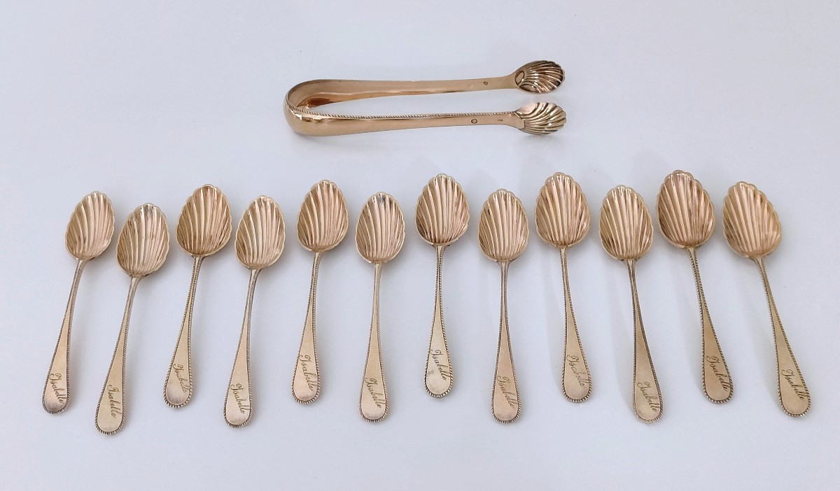 Twelve Teaspoons With Empire Sugar Tongs In Solid Silver Vermeil 