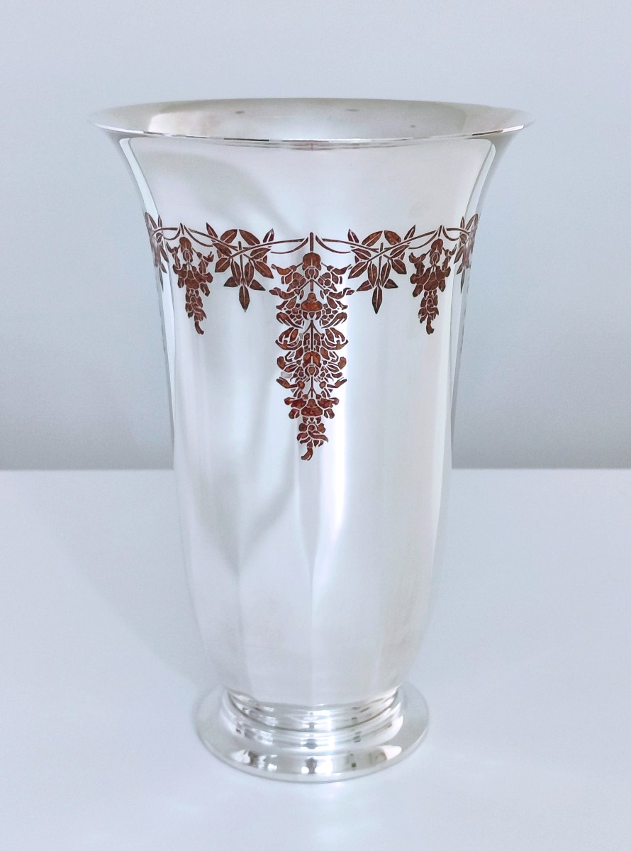  Vase art deco en argent massif et laque rouge à semis de poudre d'or Philippe Wolfers -photo-2